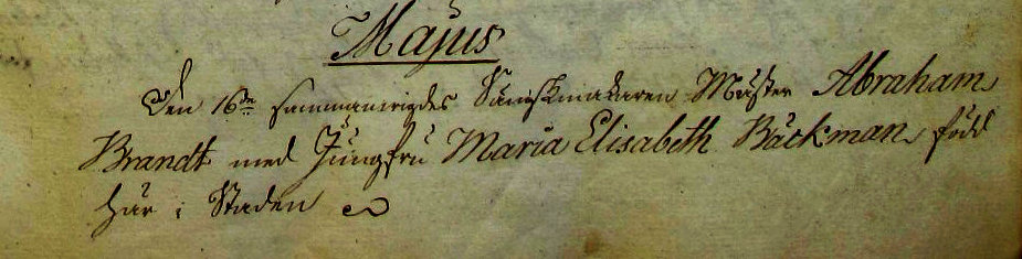 Udsnit af kirkebog, Vielse af Abraham Brandt og Maria Elisabeth